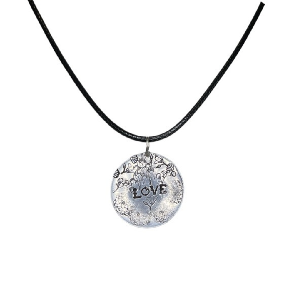 Handmade stamped love floral‎ design silver Pendant black leather cord necklace